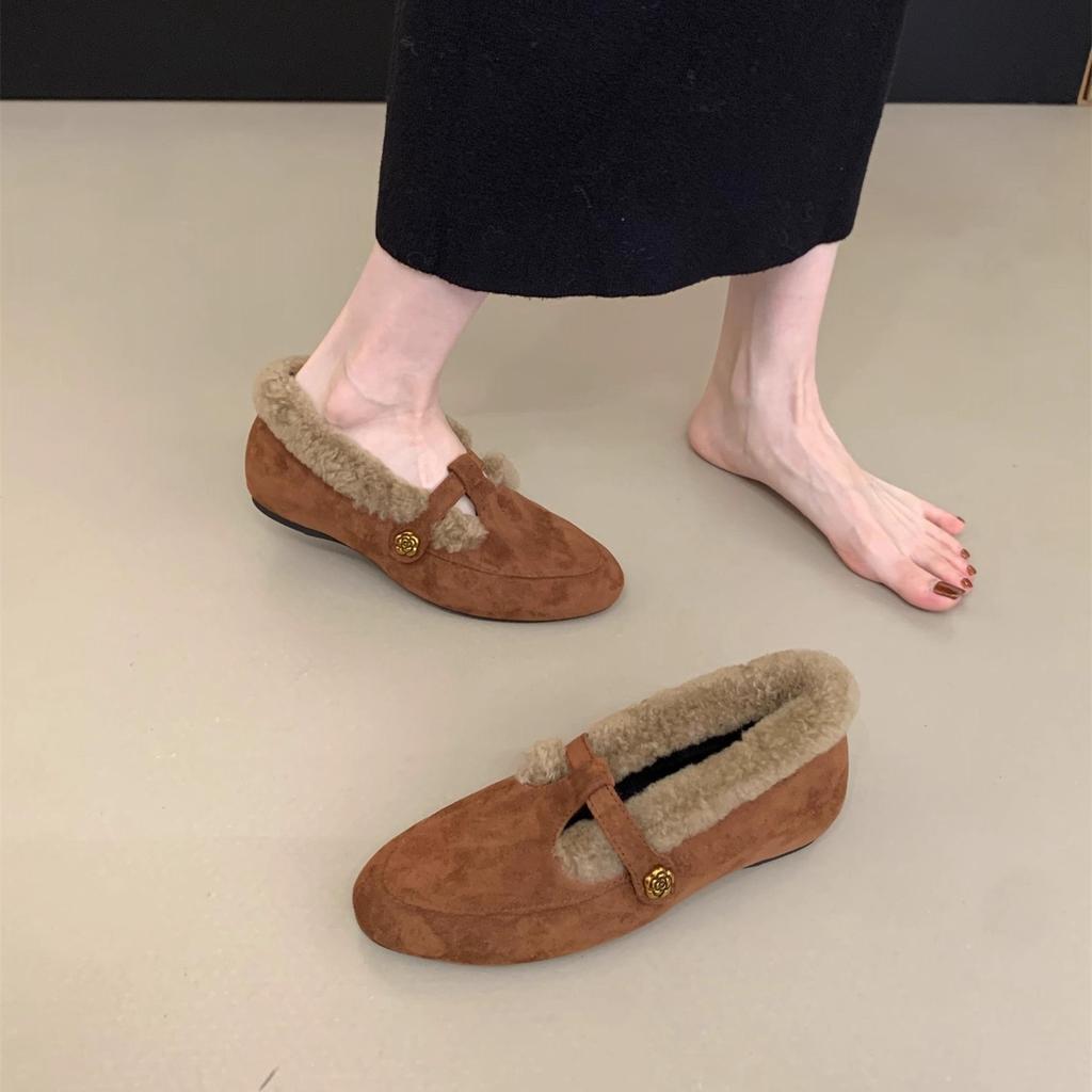 Fleece small leather shoes loafers retro fluffy shoes women wear winter Mary Jane warm cotton shoes