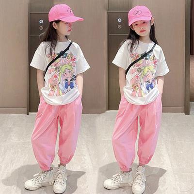 Fashionable Children's Clothing Beautiful Girl Warrior Pattern Summer Short Sleeved Cropped Pants Set Two-piece Casual Children's Clothing