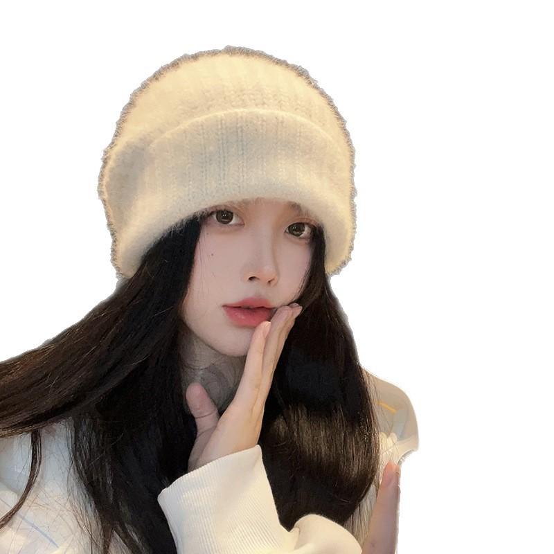 White wool hat showing face little rabbit fur female winter warm plush pile cold hat big head circumference knitted hat