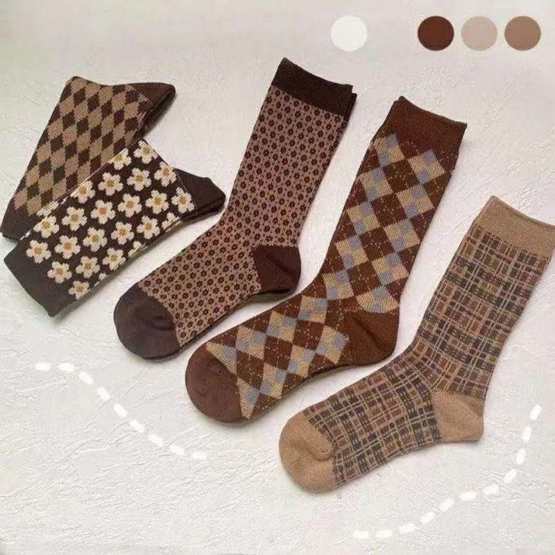 Coffee Color Retro Scrunch Socks: Japanese Style Women's Mid-Calf, Autumn Winter Warm Academy Look