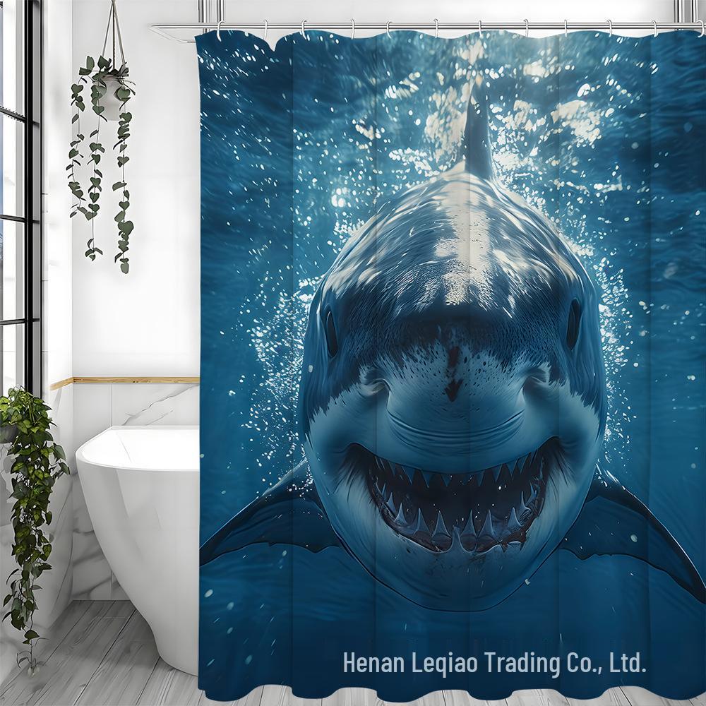 Shark Print Shower Curtain Set with 12 Hooks - Bathroom Decoration Accessories
