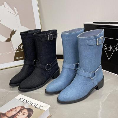 Dicke Absatz Gürtelschnalle Stiefeletten für Damen Herbst Winter Weiche Sohle Designer Damenschuhe Mode Denim Chelsea Boots Weiblich