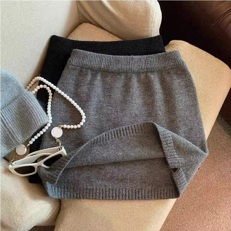 Pure Desire Koreanischer dicker Strick-Midirock - Herbst/Winter Retro Elastischer hoher Bund, Petite A-Linie Bodycon für Damen