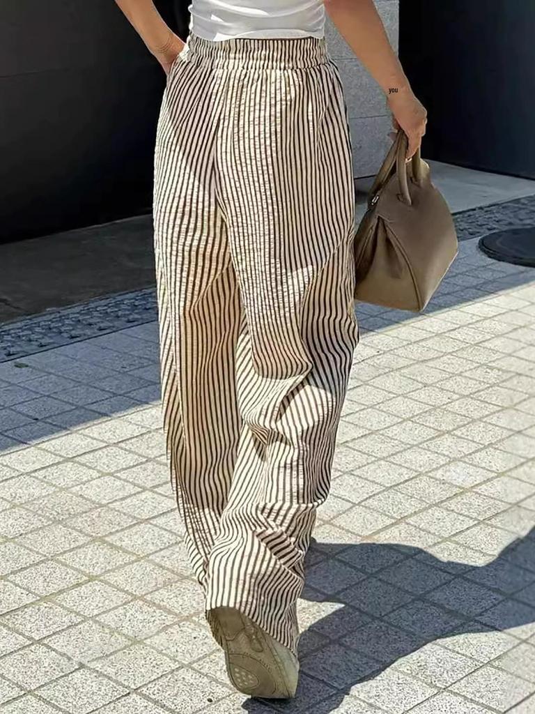 2025 Women's High-Waisted Vertical Striped Casual Straight-Leg Pants