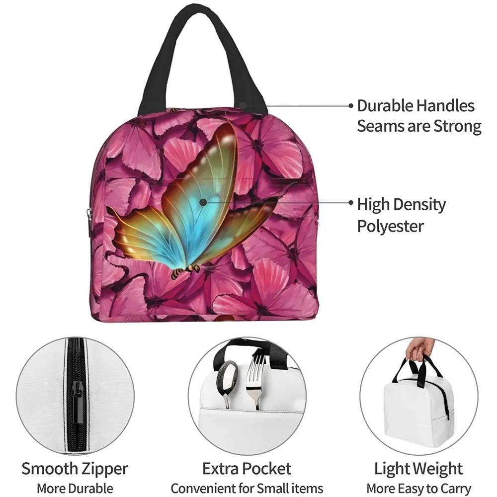 Pink Colorful Butterfly Insulated Lunch Bag Portable Lunch Bags for Girls Women Reusable Leakproof Lunch Box Picnic Travel Work