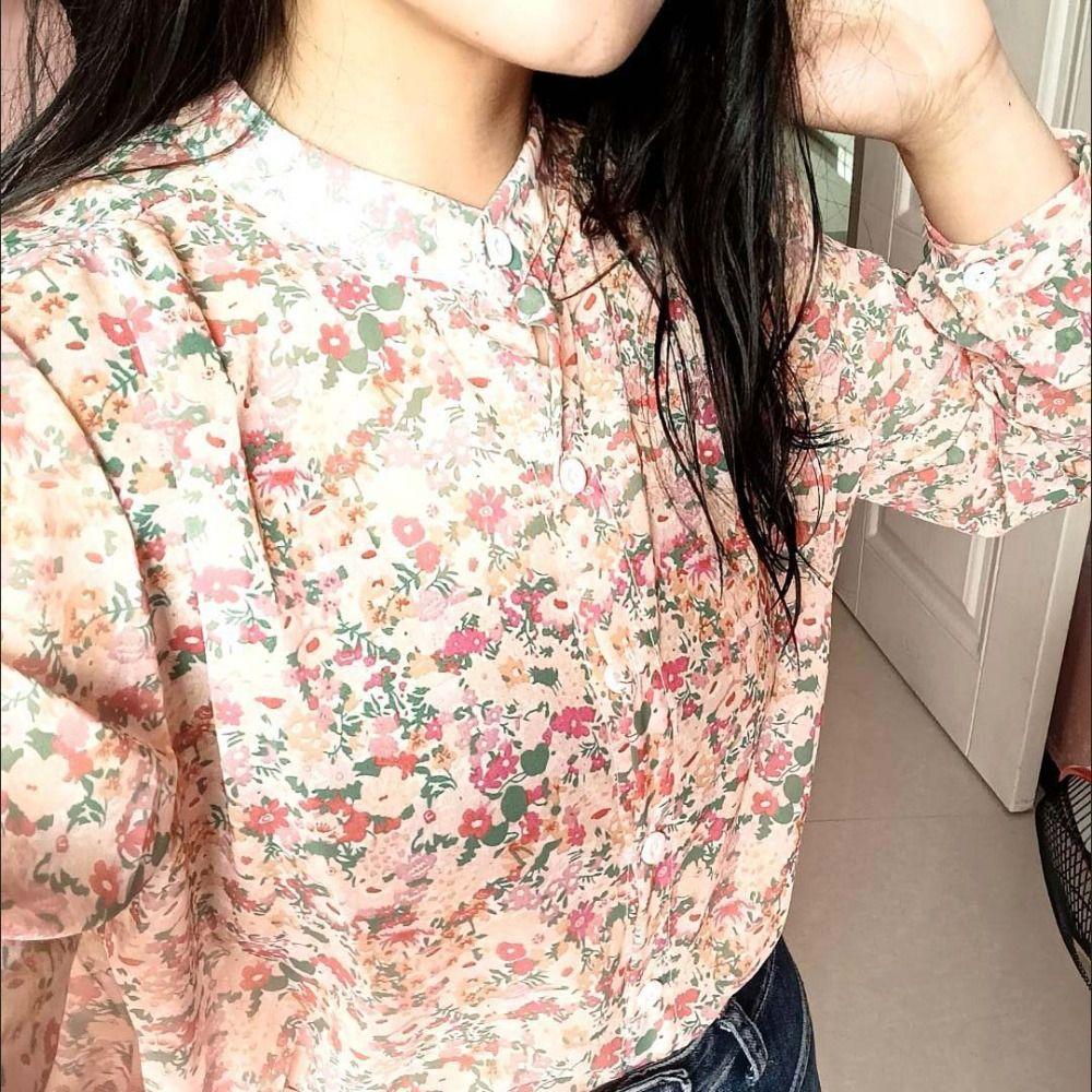 Loose Chiffon Floral Shirt Tops Round Neck Women's Chiffon Blouse Sweet Sweet Flower Shirts  Girl