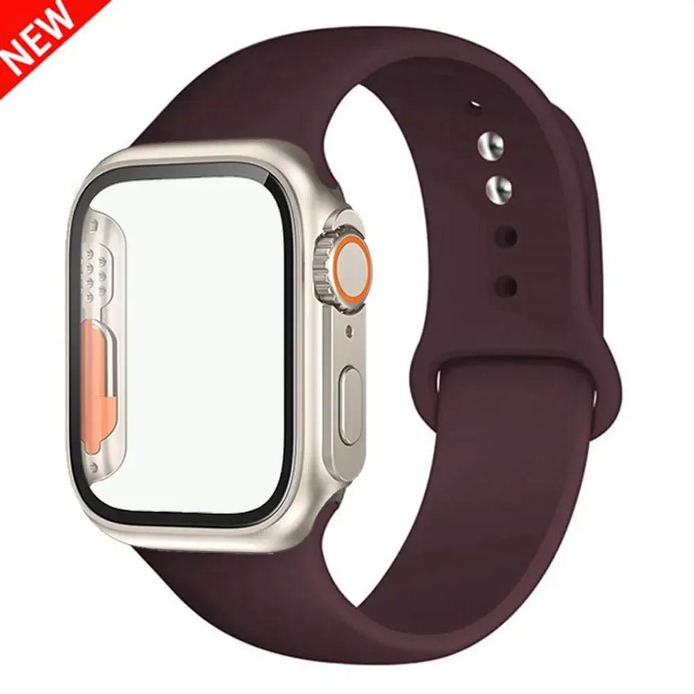 Silicone Strap+Case For Apple Watch Band 44mm 45mm 41mm 40mm Tempered Glass Cover Change to Ultra iWatch Series 9 8 7 SE 6 5 3