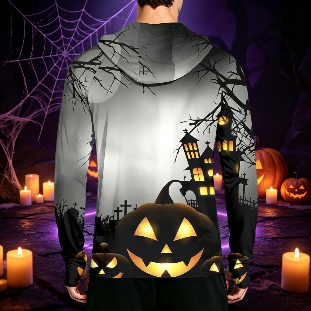 Men's Long Sleeve Hooded Sun Shirt with Halloween Print