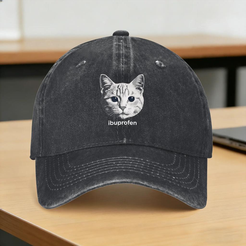 Washed Baseball Cap Funny Ugly Cat Face Ibuprofen Cat Meme Humor Spring Trucker Hat For Unisex Adult Yk Cool Rock Sun Snapback Cap