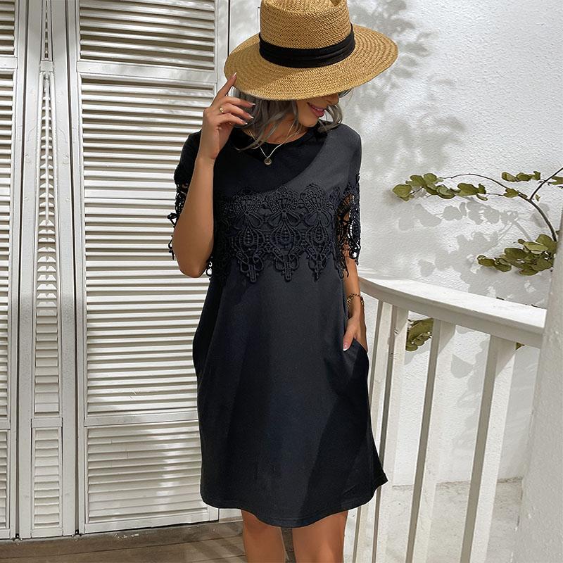YYFS Women's Fashion Summer Spring Solid Color Print Lace Short Sleeve O-Neck Casual Dresses