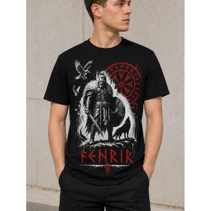 Men's Viking Warrior Graphic Tee with Fenrir Wolf & Ravens, Short Sleeve Crew Neck Cotton Blend Shirt for Mythology Fans Casual Wear