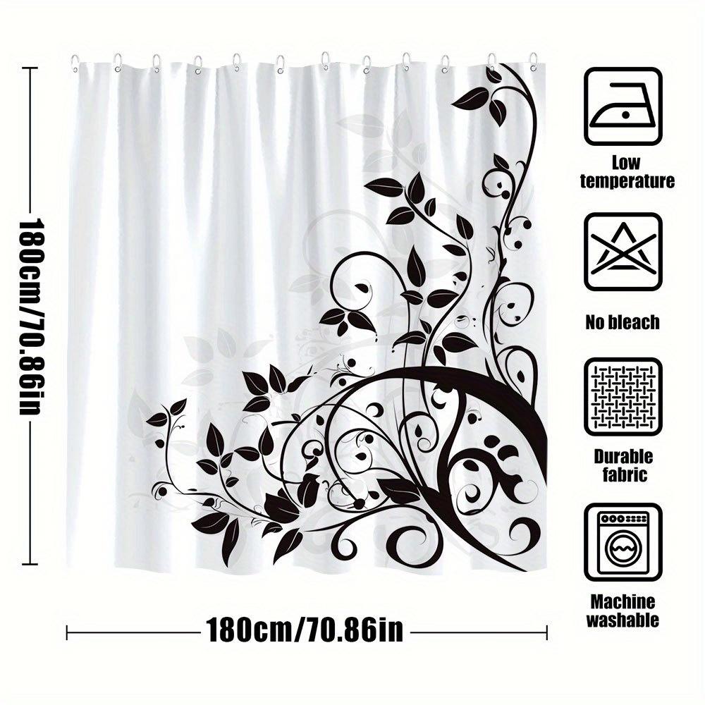 Plant Pattern Shower Curtain - Black Vine & Leaves Design, Polyester Bathroom Decor, 12 Hooks