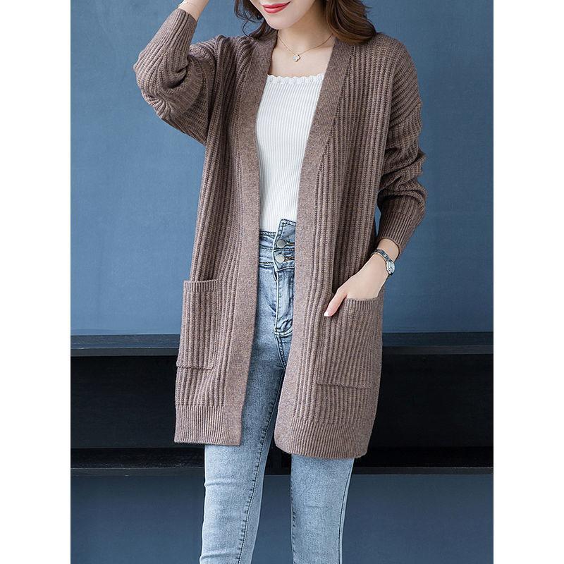 

Жіночий светр середньої та довгої довжини, в язаний кардиган, універсальне пальто з кишенями, вільний верхній в язаний светр 3XL