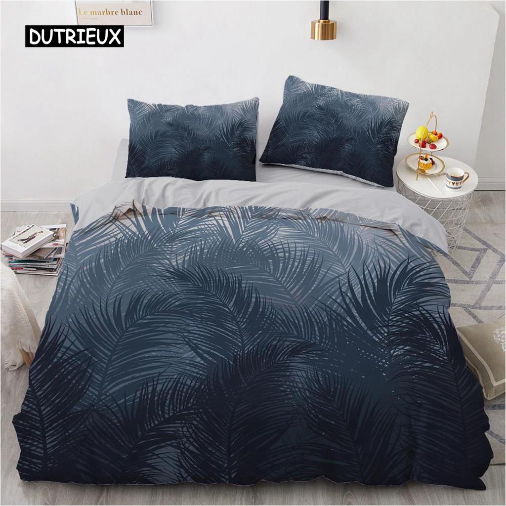 Plant Duvet Cover Set King Size Navy Blue Pink Leaf Plant Printed Chic Bedding Set Soft for All Seasons Polyester Quilt Cover
