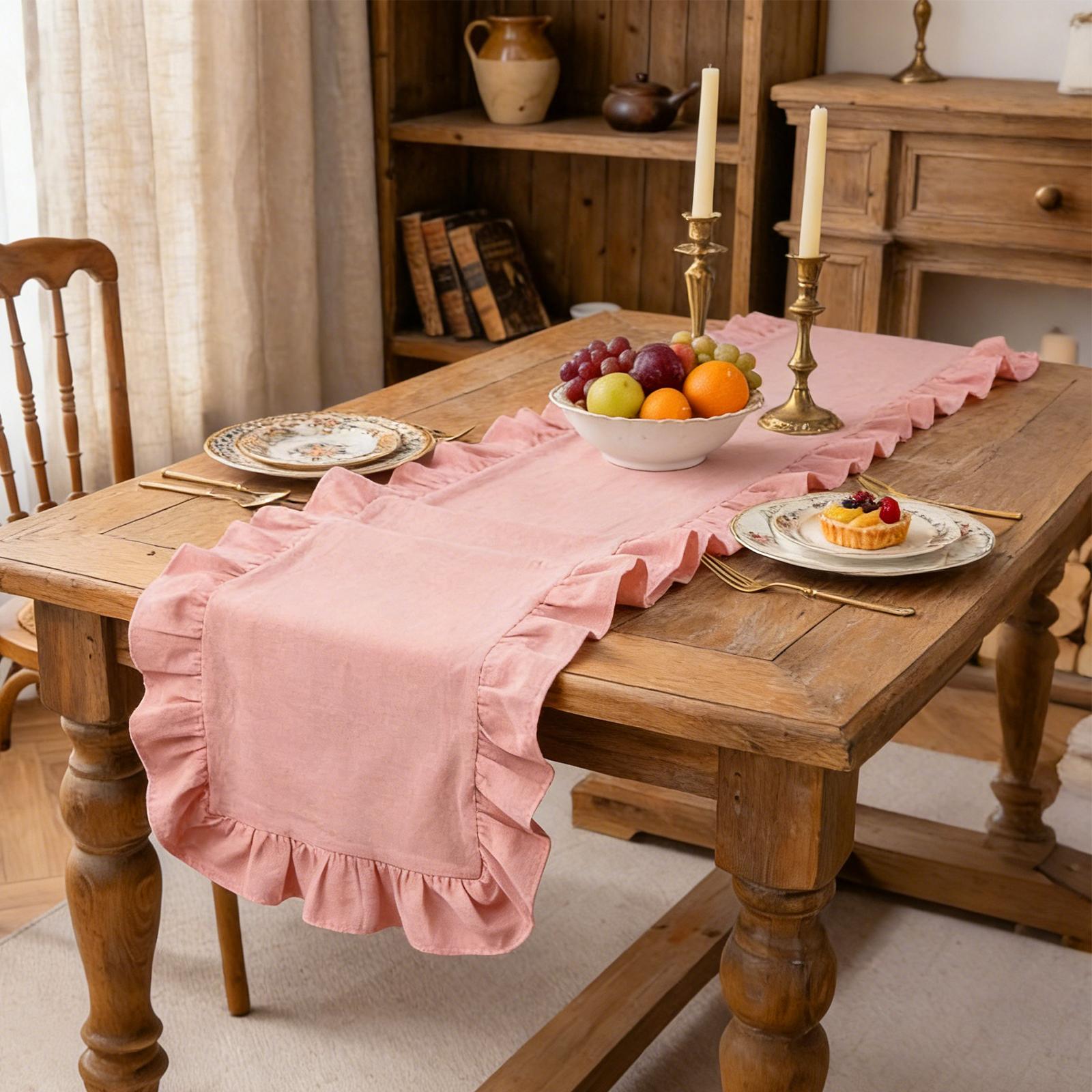 

Ruffle Table Runner 100% Cotton Fabric Farmhouse Rustic Ruffled Edge Table Runner for Birthday Party Wedding Table Decor 180x35cm розовый