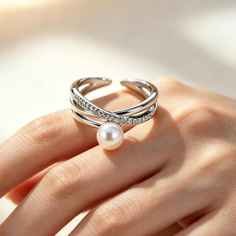 BF CLUB 925 Sterling Rings for Women Simple Geometric Handmade Irregular Pearl Zircon Ring Allergy For Birthday Gift