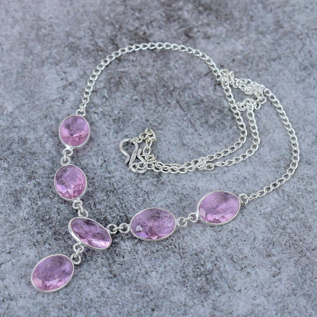 Pink Kunzite Gemstone Handmade 925 Sterling Silver Jewelry Necklace 18" M-394