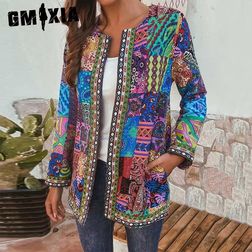 GMXIA Autumn and Winter Vintage Ethnic Style Printed Long Sleeve Hoodie Outside Cardigan Coat for Women
