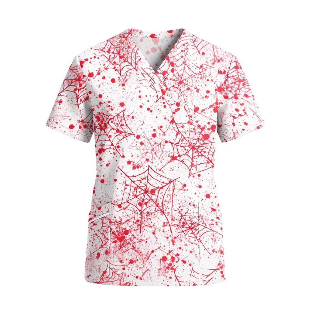 Women's V Neck Short Sleeve Work Top with Pockets Halloween Print Medical Scrub Shirt for Healthcare Professionals Comfortable Fit