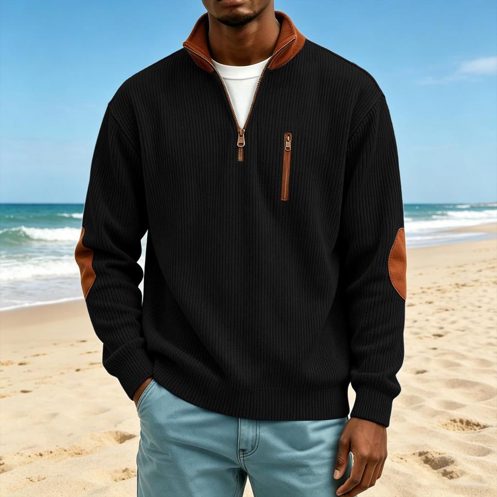 Men's Corduroy Stand Up Collar Sweater Casual Top with Chest Zipper Pocket and Cuff Patches