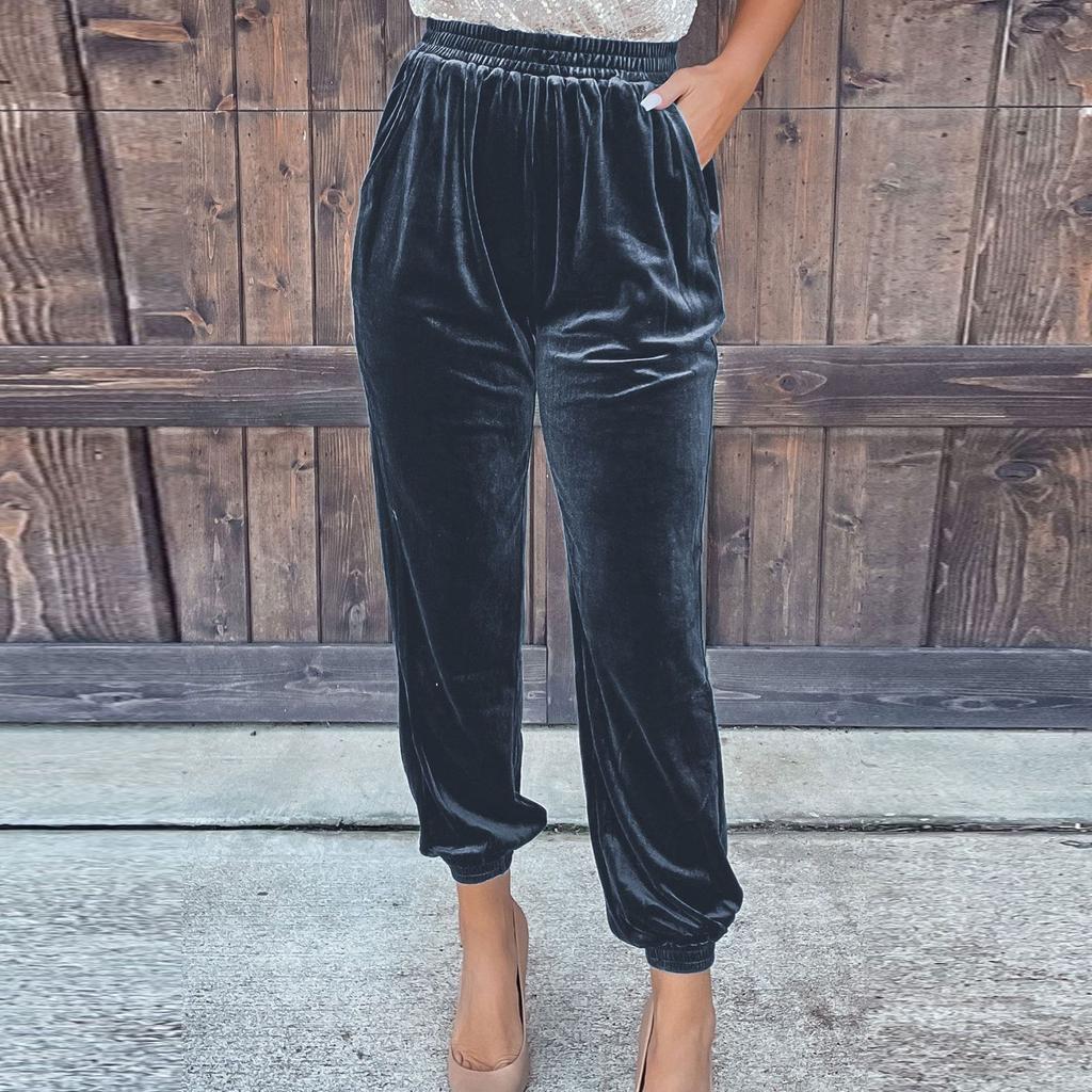 Damen-Hose aus goldenem Samt, gerade Hose, elastische Taille, Freizeithose