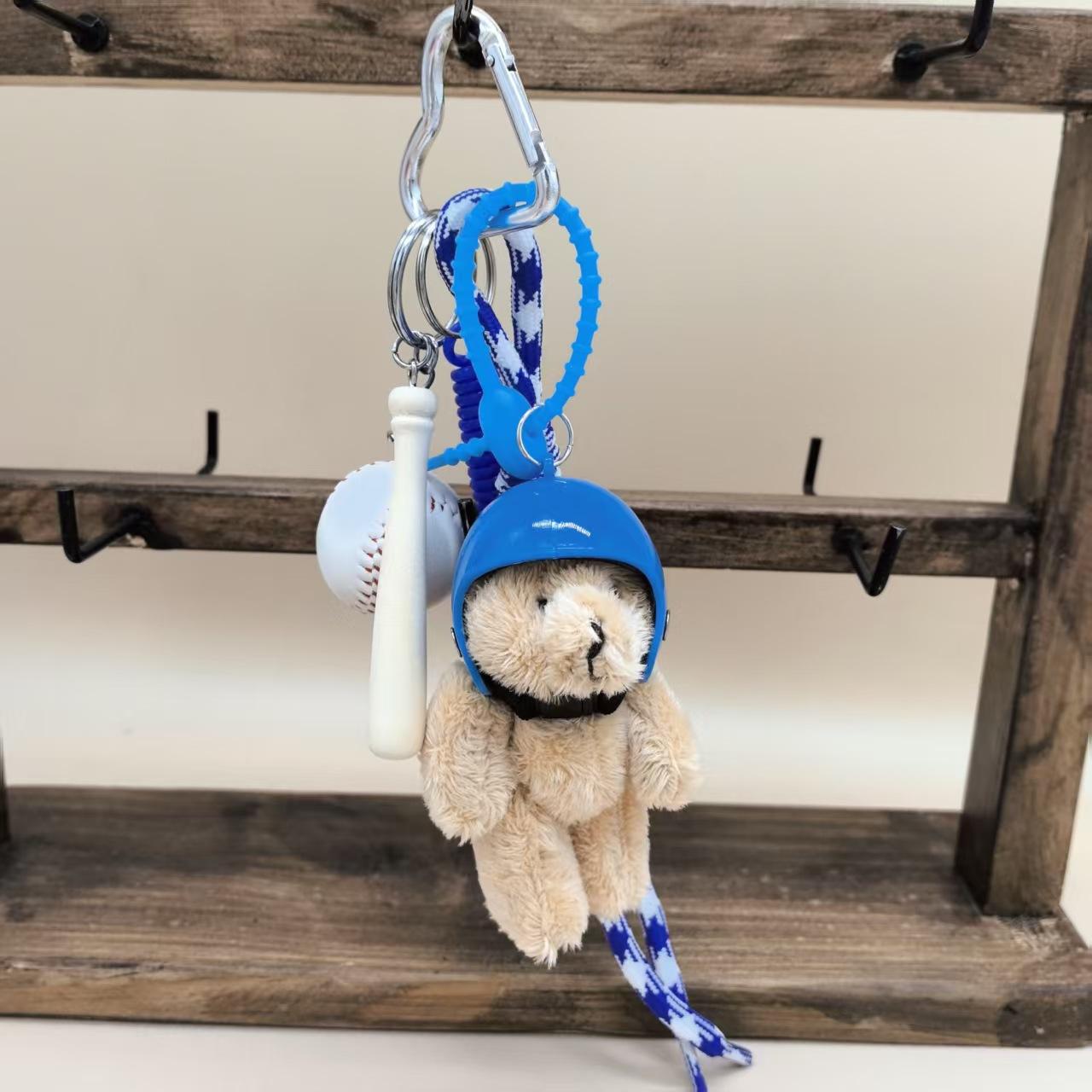 

Cute Plush Teddy Bear Keychain Set with Motorcycle Helmet Baseball Bat Charm & Coil Lanyard -Kawaii Style Hanging Accessory Gift