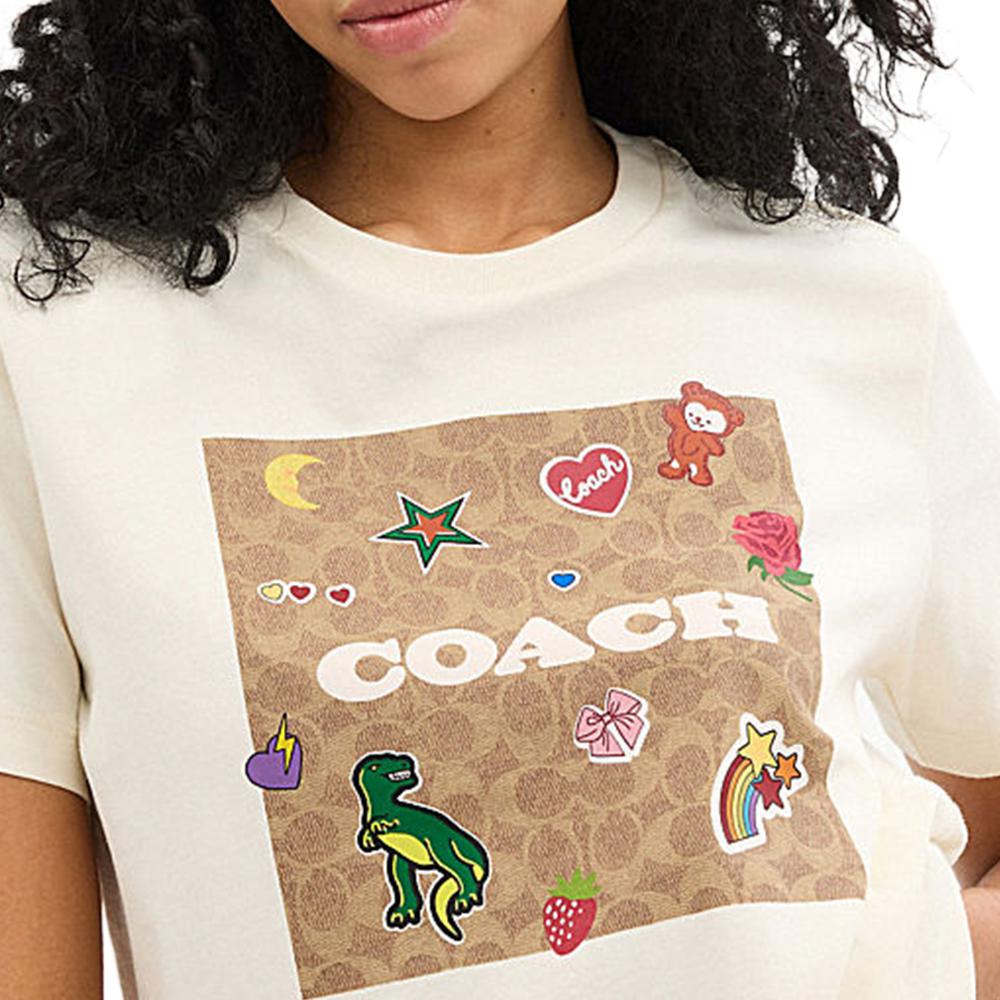 Coach Logo Letter Print Round Neck Short Sleeve T-Shirt Women Tops Cream CX172-CRM