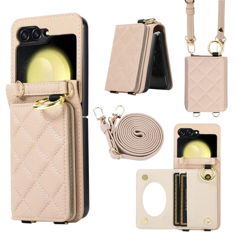 Husă pentru telefon cu suport din piele pentru Samsung Galzxy Z Flip 5 4 3 Husă pentru carte de portofel cu inele Flip5 Flip4 Flip3 Geantă cu șnur