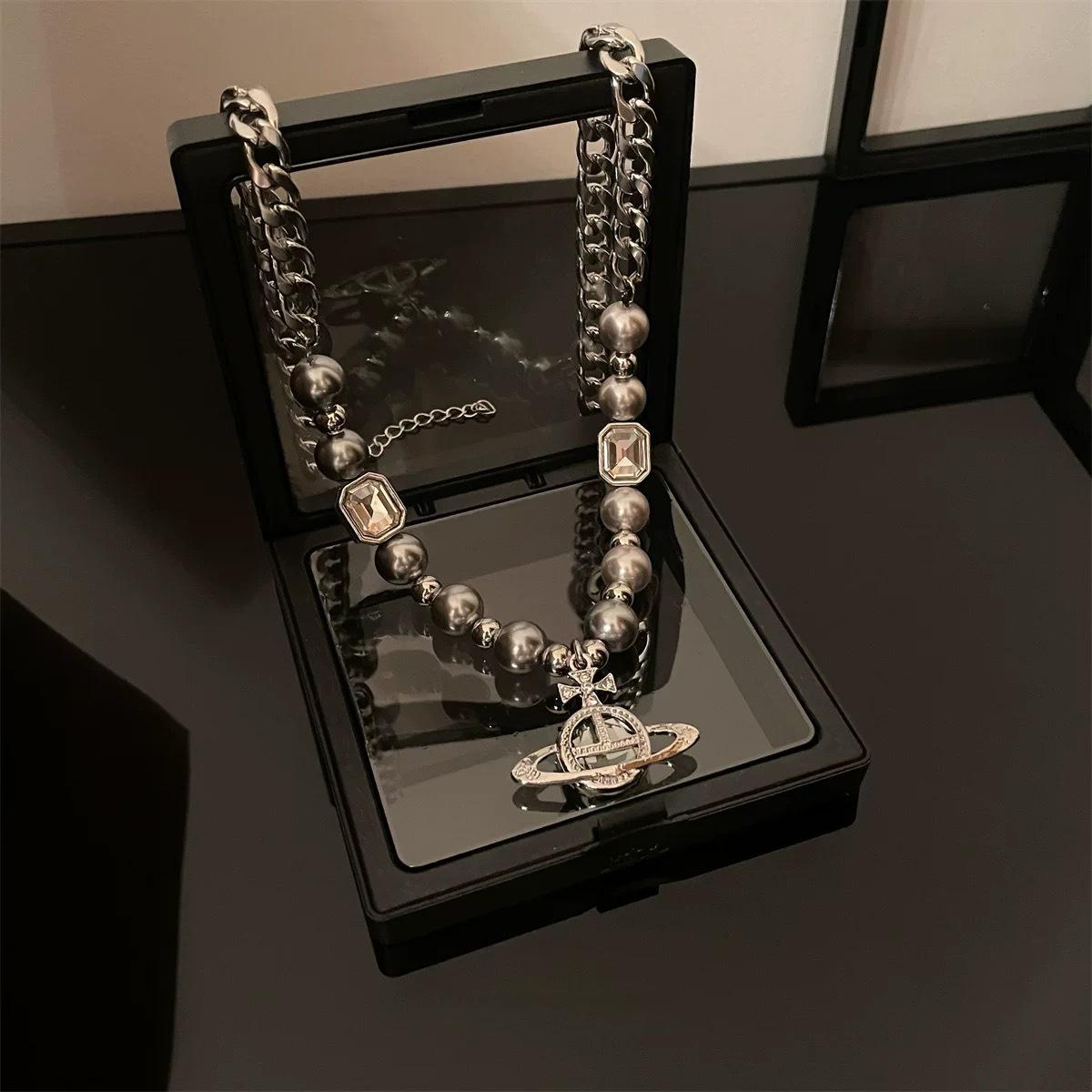 

Жемчужная подвеска Saturn Grey, мужская и женская, нишевый дизайн, хип-хоп, холодный ветер, шейная цепочка, аксессуары для цепочки для свитера