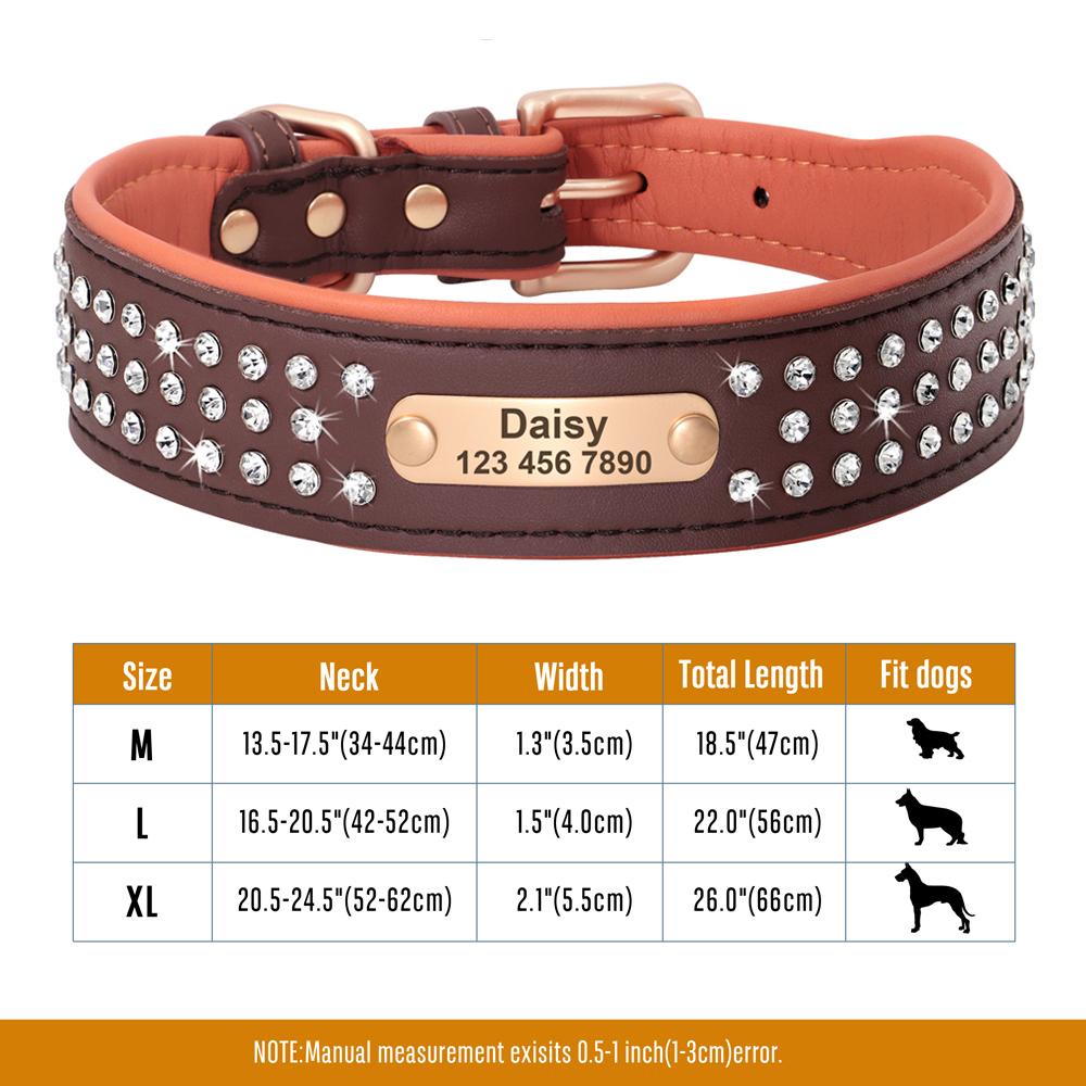 Personalized Dog Collar Bling Rhinestone Leather Pet Collars For Small Medium Large Dogs Engraved Pet ID Nameplate Necklace