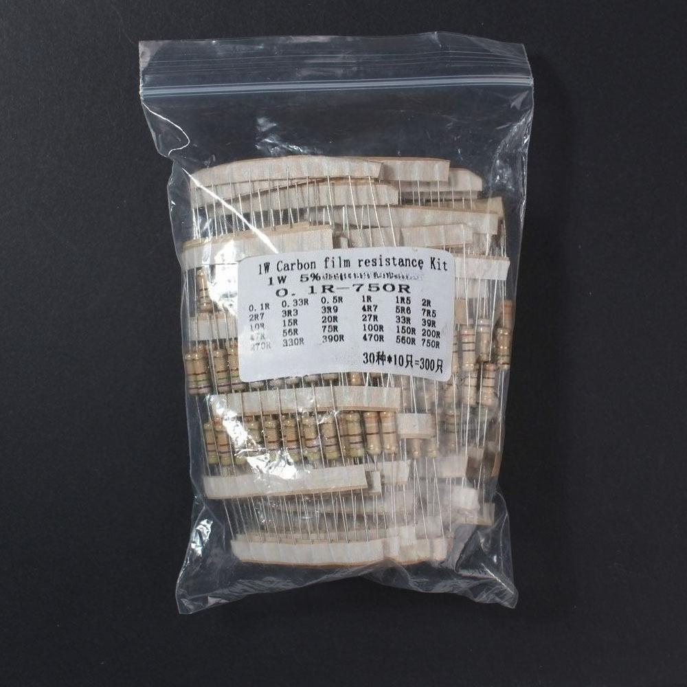 300PCS/lot 1W Carbon Film Resistor Set 1K-820K & 0.1R-750R Ohm 5% Color Ring Resistance DIY Electronic Components Kit