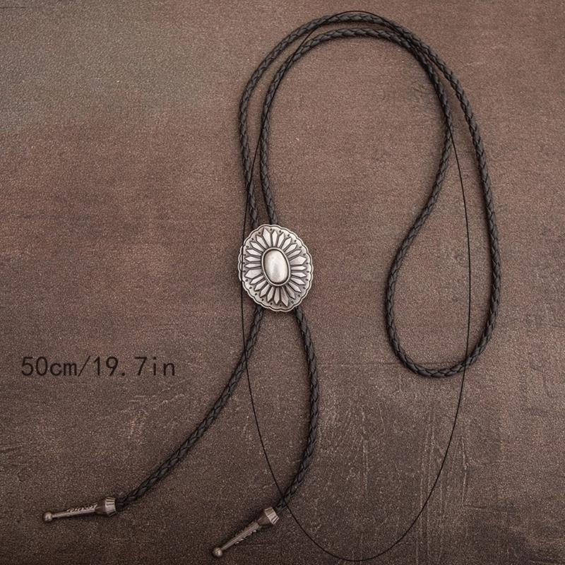 Men's Western Bolo Tie with Flower Pattern Metal Pendant Adjustable Leather Rope Necktie Vintage Necklace Shirt Chain
