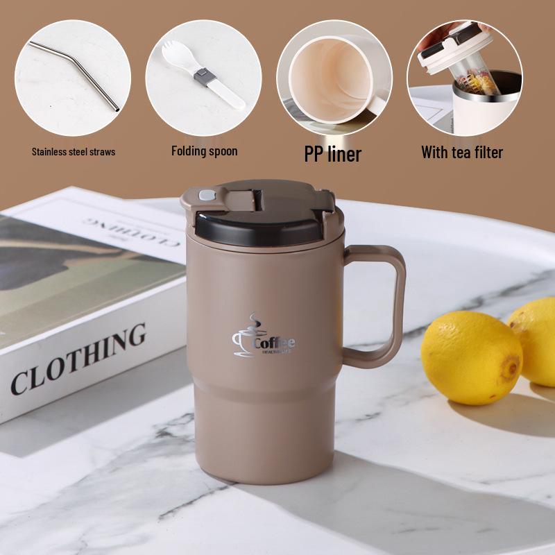 Large Capacity 304 Stainless Steel Mug with Lid & Spoon - Ideal for Coffee, Tea & Water Separation.