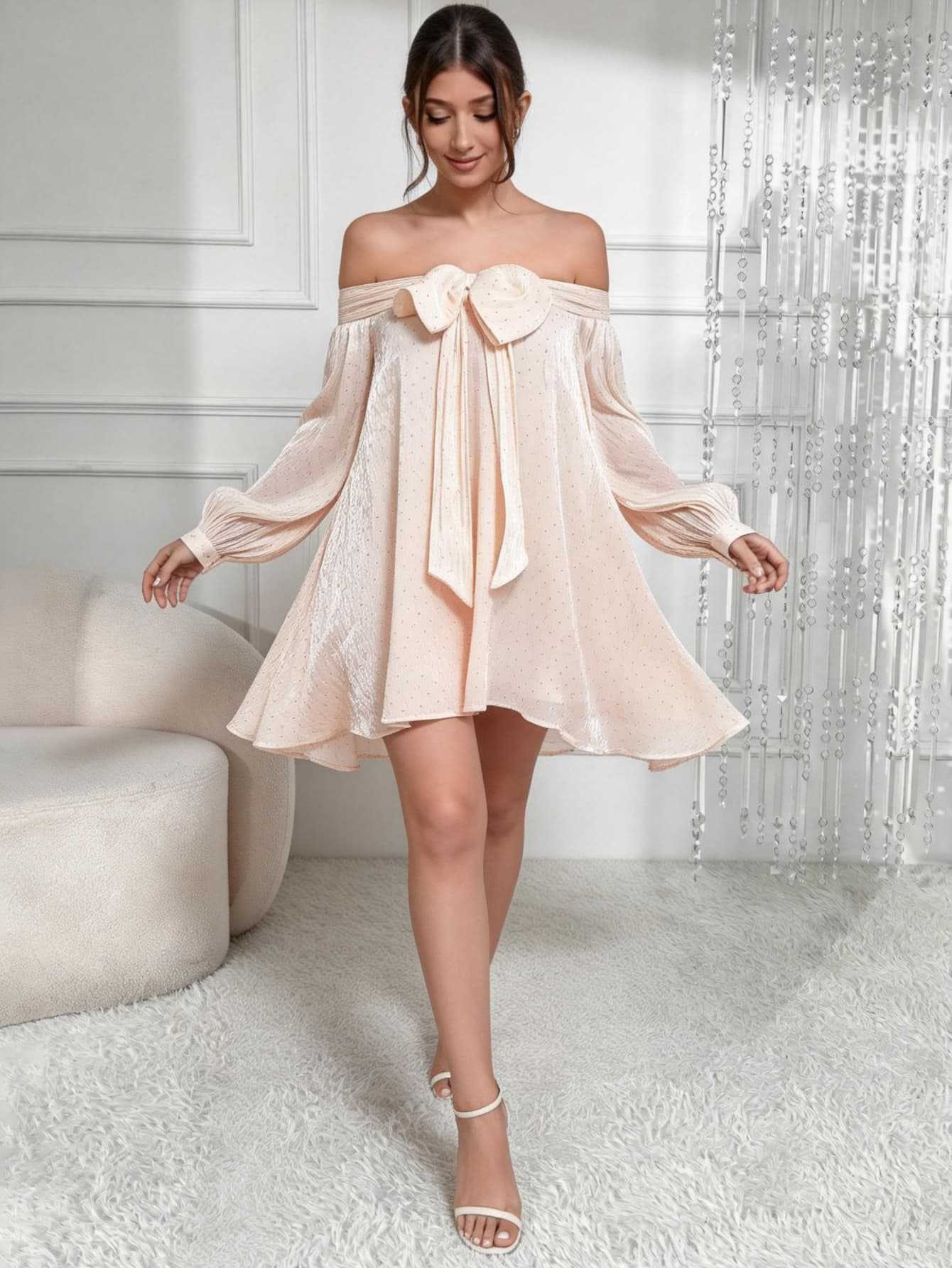 

Light pink hot diamond off-the-shoulder bow chiffon dress, European and American women s clothing party style L