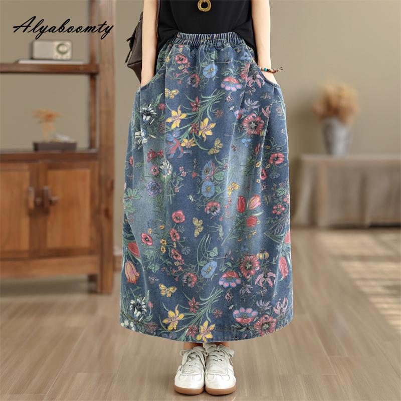 

Plus Size Vintage Spring Autumn Women Long Denim Skirt Elastic Waist Floral Print Vintage A-Line Skirt Retro Classical Split Feminine Skirts XXL