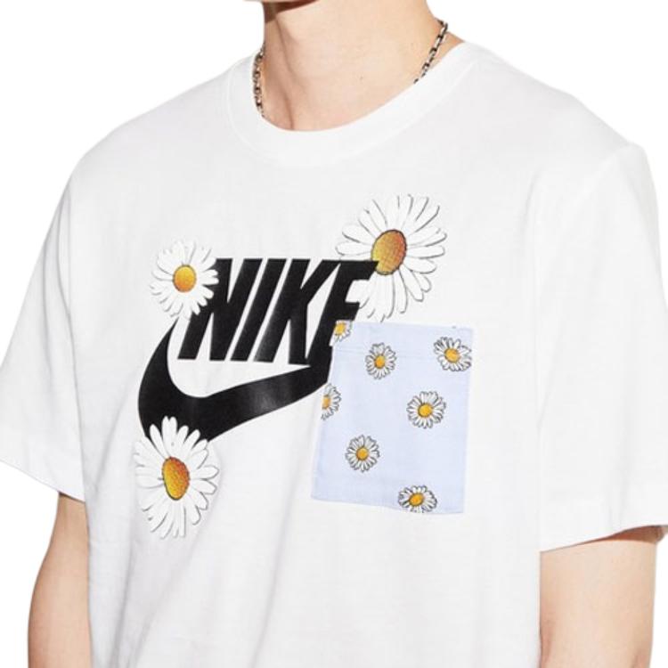 Nike Męski T-shirt z krótkim rękawem z okrągłym dekoltem z logo z nadrukiem kwiatów stokrotki Biały DM6430-100