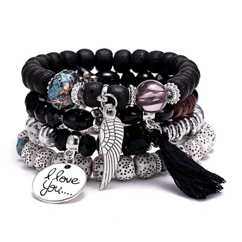 4pcs/set Multilayer Bracelets Bohemian Charm Beads Wings Tassel Bracelet Bangles Set for Men Women