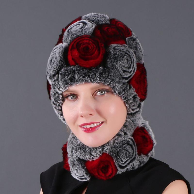 Rex Rabbit Rose Hat and Flower Scarf Set Specializing in the production of Rex Rabbit Scarf Hat Two-piece Adult Hat