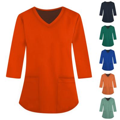 Vêtements de travail à la mode pour femmes, col en v, manches courtes, manches trois-quarts, haut ample imprimé avec poches