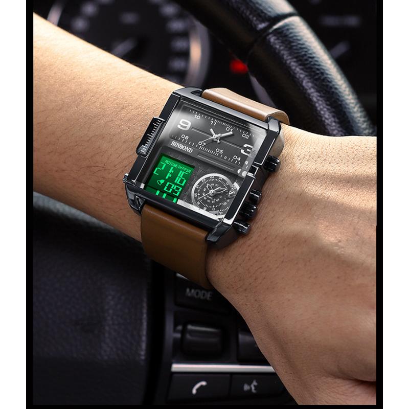 BINBOND Fashion Square Big Dial Wristwatch Three Display Quartz Watch for Men Multifunctional Sports Clock Male Wristwatch