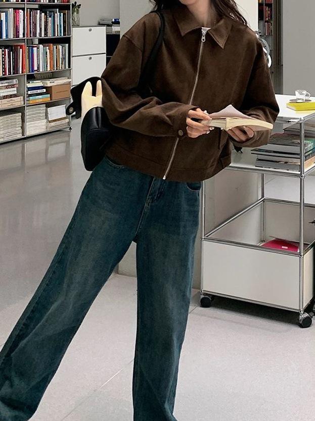 Petite veste de moto en daim style américain pour femme - Marron rétro, Courte, Printemps et Automne