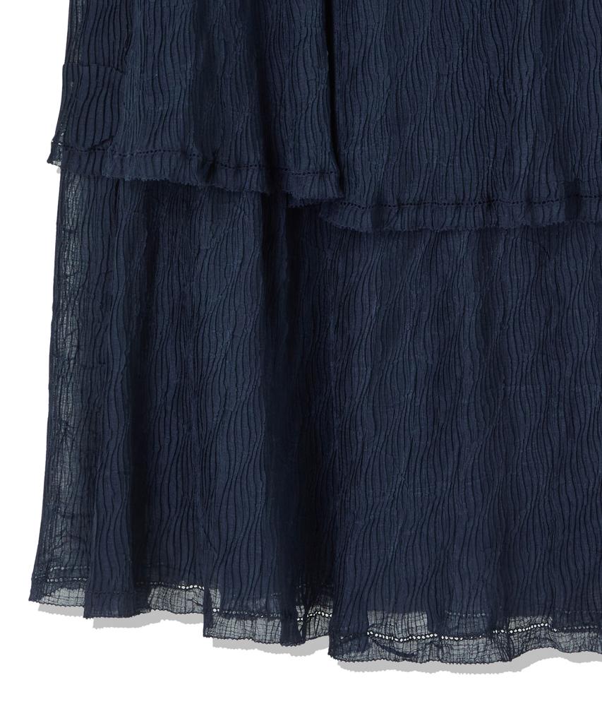 Penfield Crinkle Embroidered Smocking Tiered Skirt Navy_Fs2Ws30F