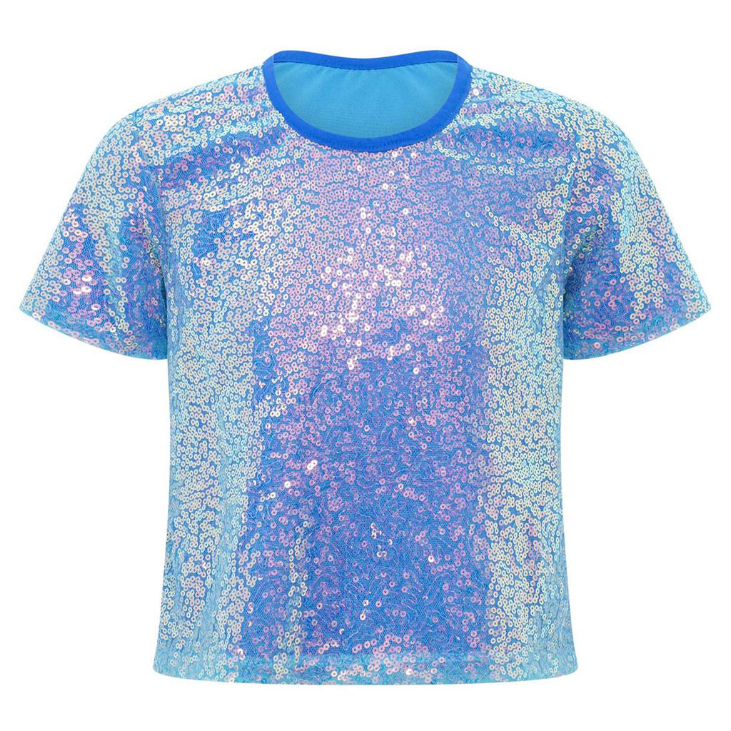 Girls Shiny Sequins Round Neck Short Sleeve T Shirt Cheerleading Dance Performance Stage Party Top