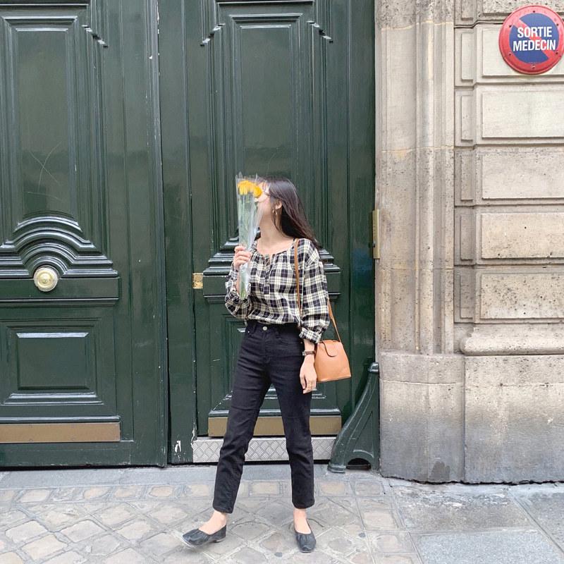 Dongdaemun Retro Minimalist Plaid Wide Sleeve Shirt for Women - Spring/Autumn 2025