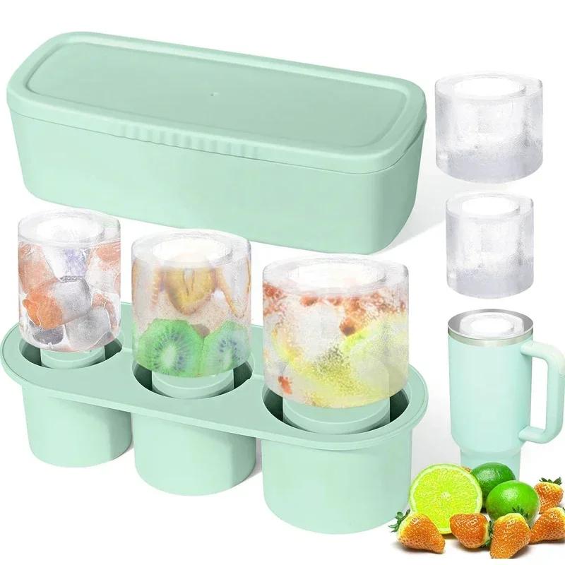 3 Grid Ice Mold for Stan Ley Cup Silicone Cylinder Ice Mold with Lid and Bin for Freezer Ice Drink Juice Whiskey Cocktail