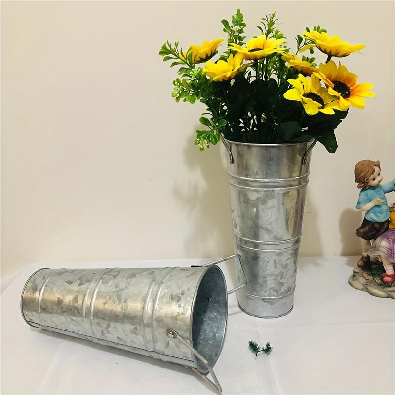 Four-piece Galvanized Metal Barrel Vase, 9inch Farmhouse French Flower Bucket Planter with Handle, Rustic Decor Metal Holder Family Marriage