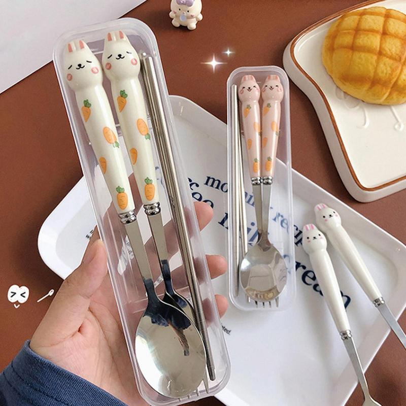 Cute Cutlery Set Cartoon Bunny Stainless Steel Cutlery Kit Mirror Polished Flatware Sets Spoon and Fork Set in Storage Box