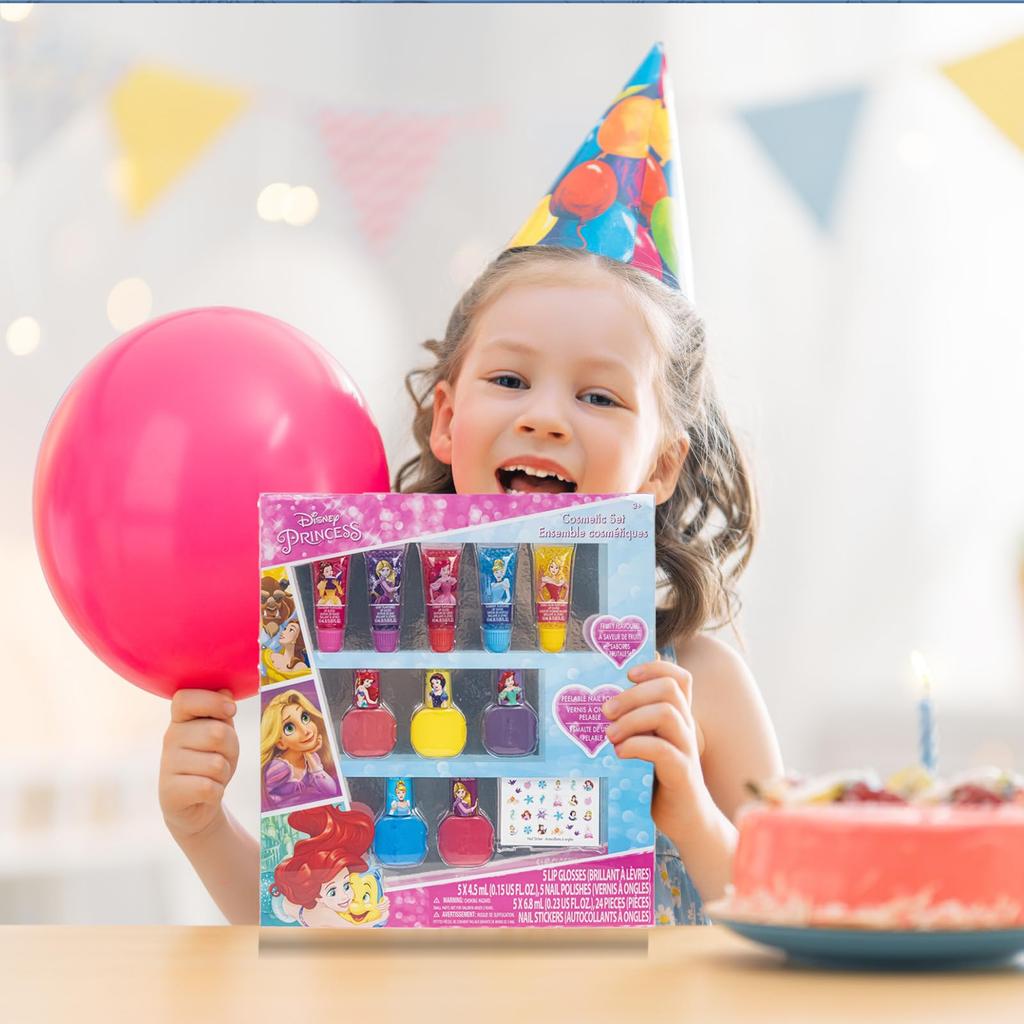 TownleyGirl Disney Princess Kids 5 Lip 5 Nail and 24 Nail Stickers Nails, 10-Piece Assortment Glosses, Peel-Off Polishes,