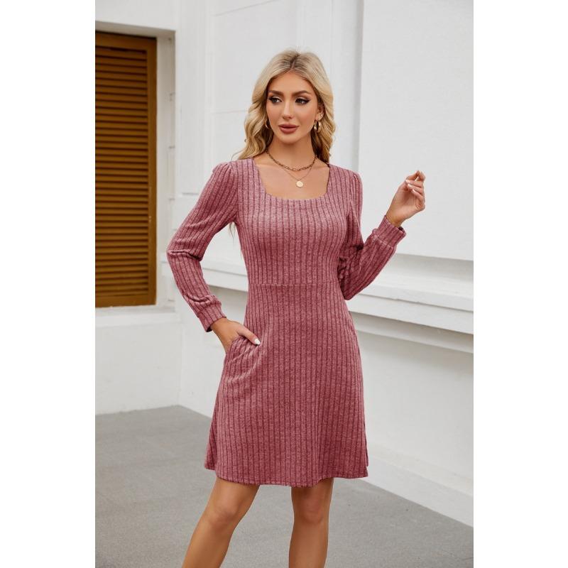 Summer New Product Square Neckline Bag Knitted Sweater Long-sleeved Casual Dress Female YDJR6666