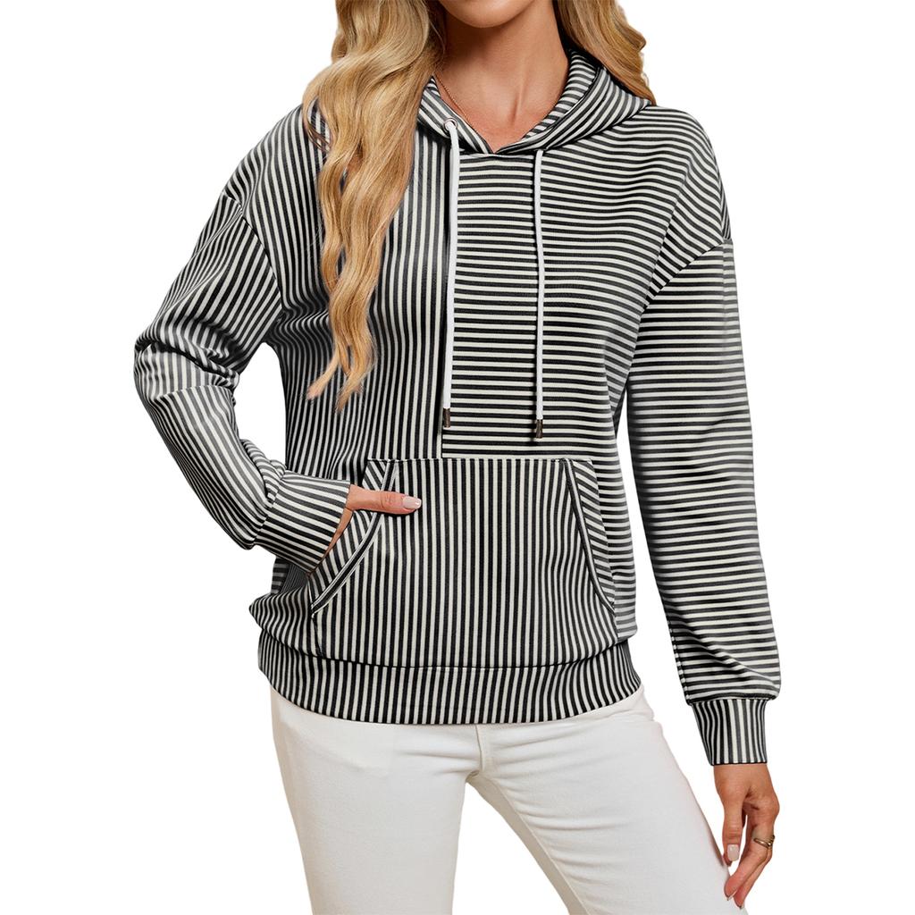 Women's Striped Long Sleeve Hoodie Casual Loose Fit with Pocket Pullover Top
